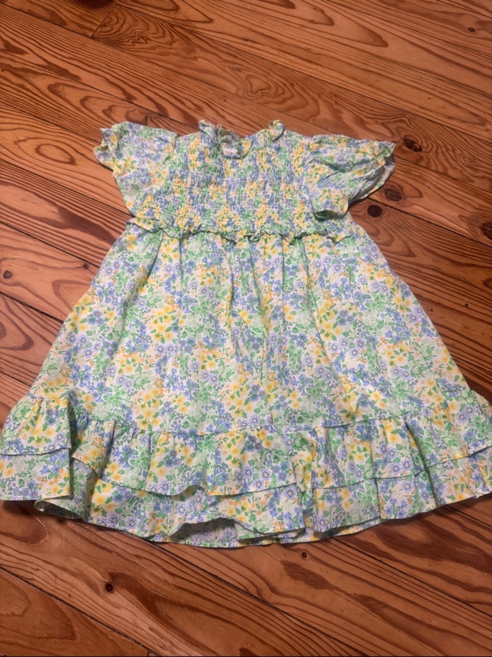 Janie and Jack Yellow, Blue & Green Floral Smocked Ruffle Dress